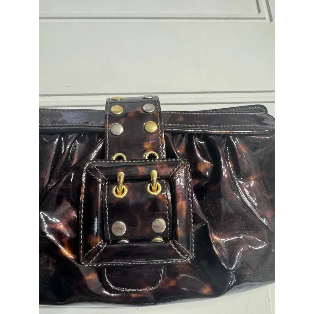 BE & D Patent Tortoise Shell Leather Fold Over Clutch Handbag Gold Buckle